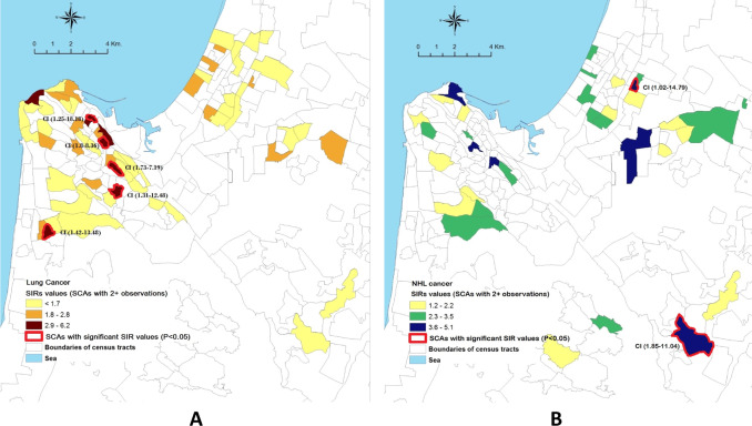 מפת הסרטן הקלאסית על פי חלוקת מקרי הסרטן ל-140 תתי אזורים בנפת חיפה המכונים "תחומי מפקד קטנים"